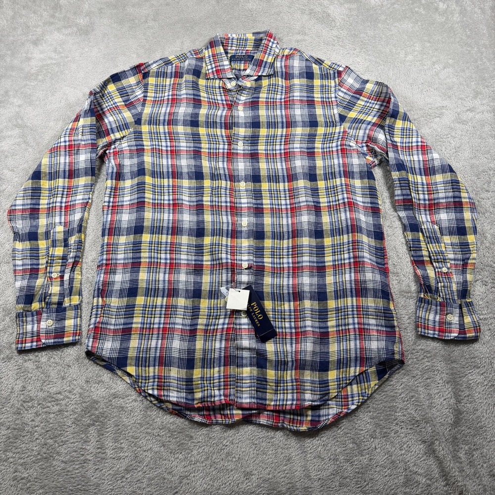 Polo Ralph‎ Lauren Linen Shirt Mens Medium Navy Yellow Plaid Button Down NWT